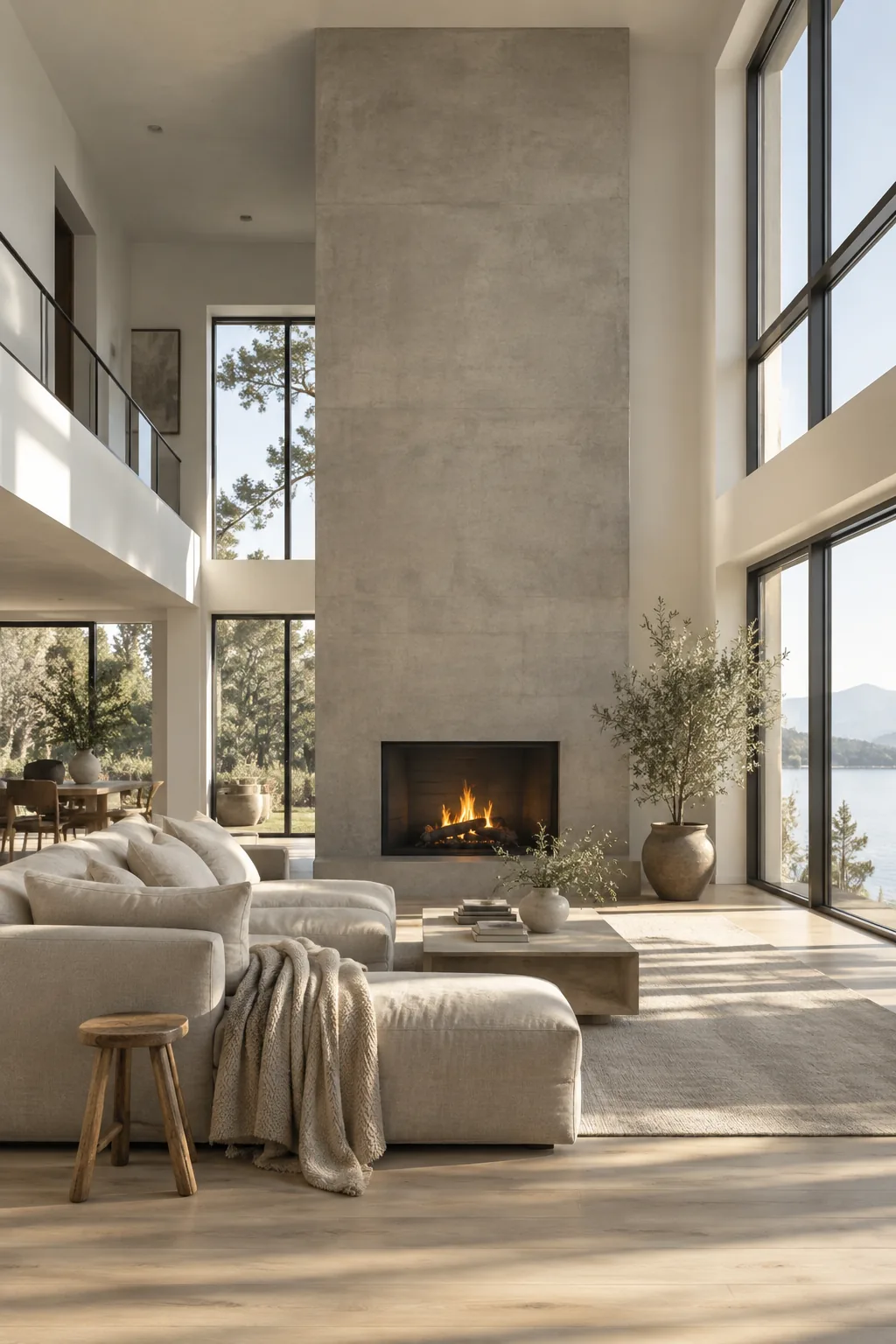 Large format gray concrete tiles on a two-story fireplace.