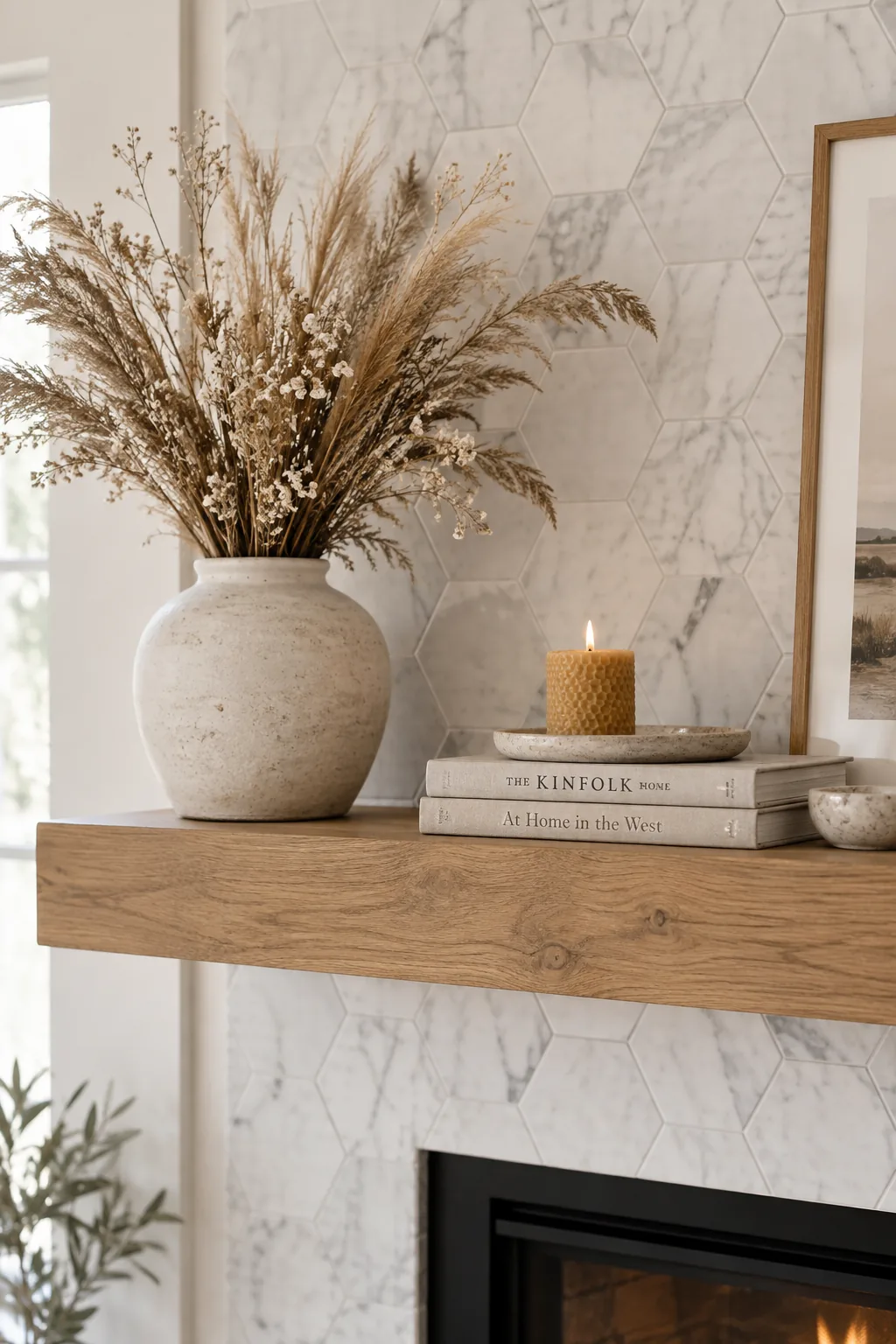 Polished marble hexagon tiles on a classic white fireplace.
