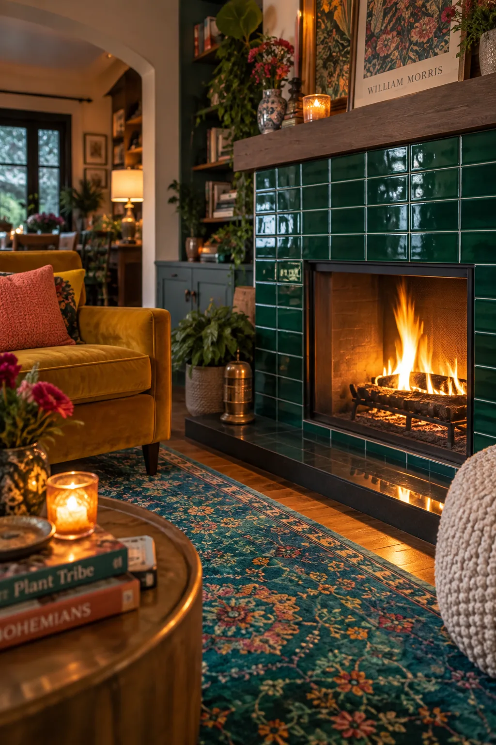 Emerald green subway tiles stacked straight on a fireplace.