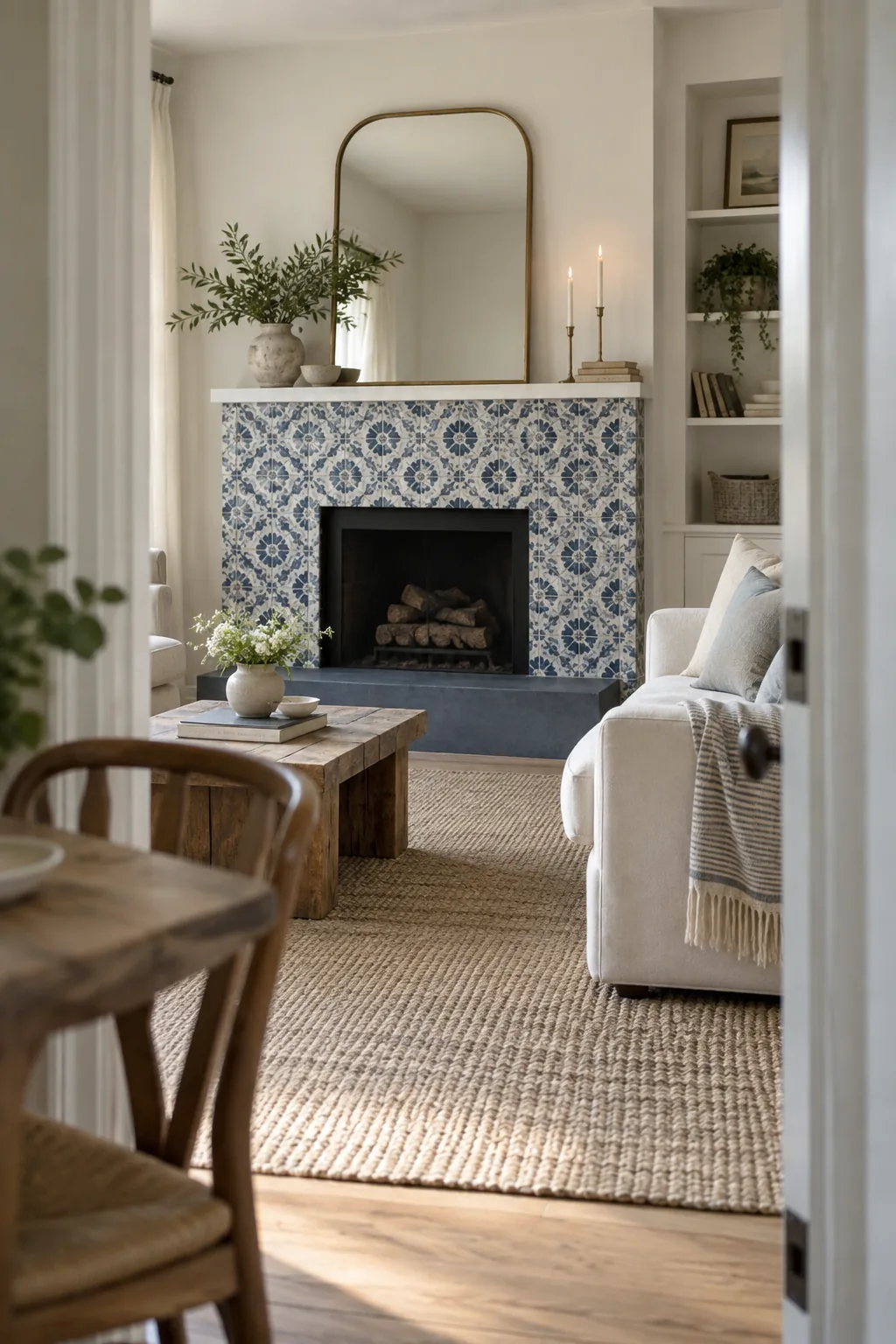 Black and white patterned cement tiles on a flush fireplace surround.