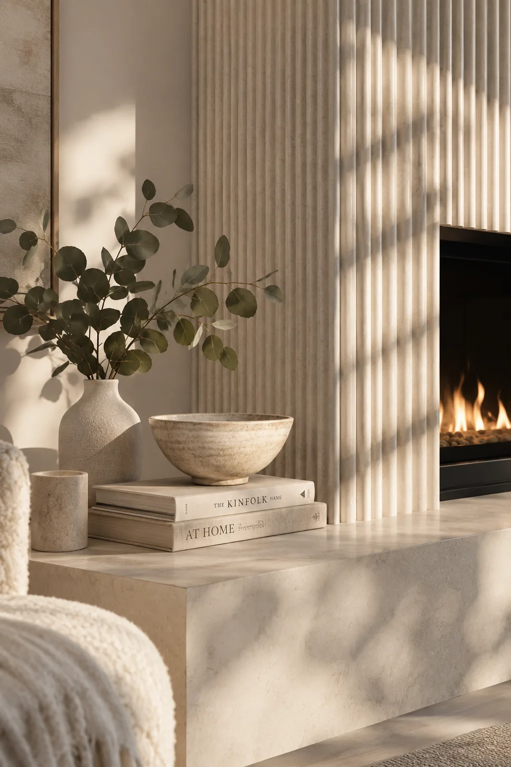 Vertical fluted stone tiles wrapping around a modern fireplace.
