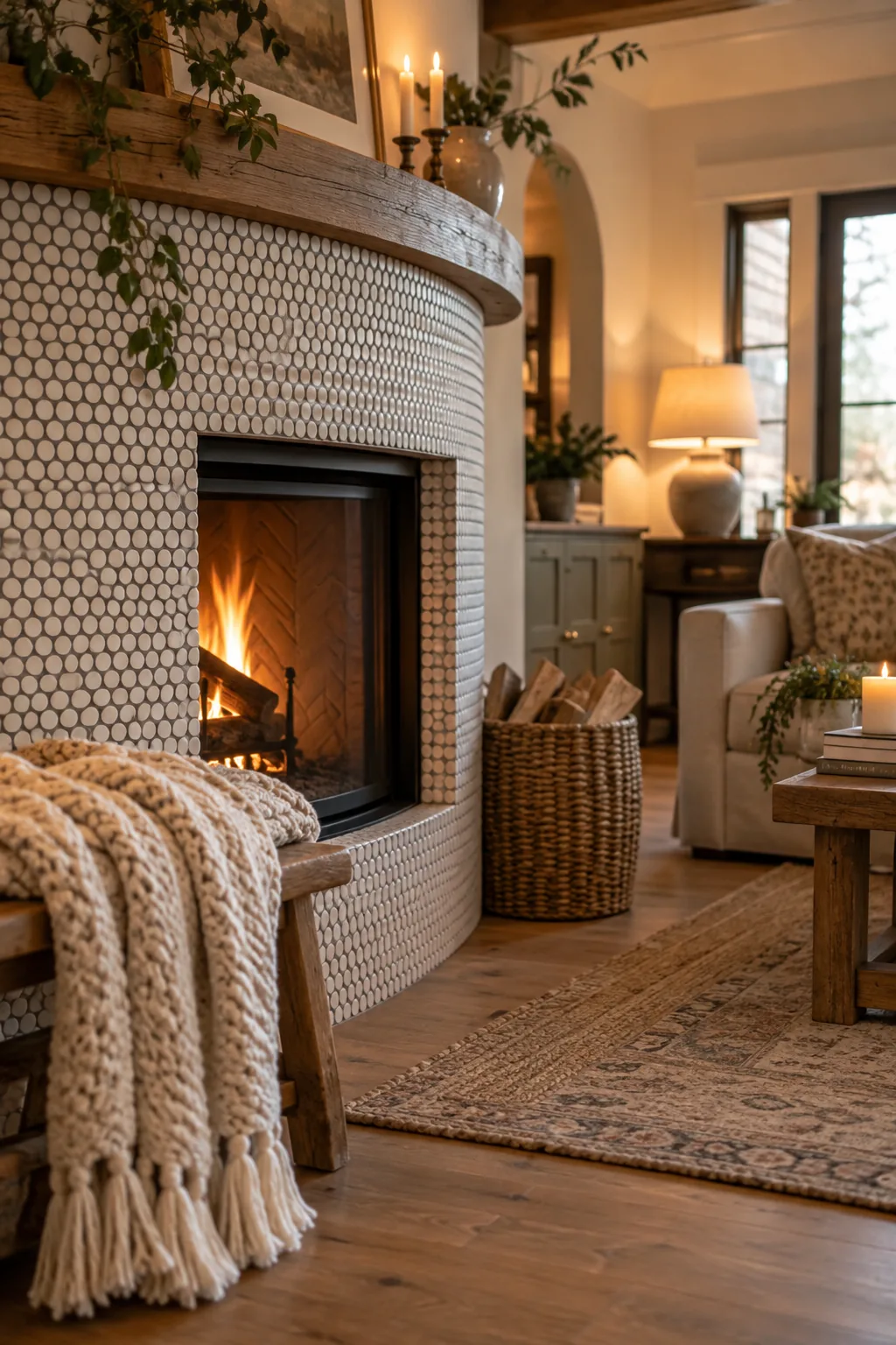 White penny round tiles with dark gray grout on a fireplace.