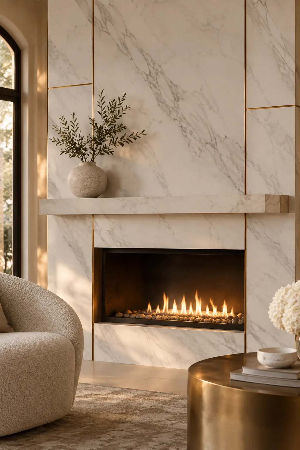 Marble fireplace tiles with thin brass inlay strips.