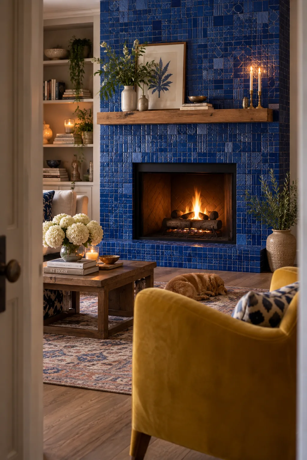 Monochromatic mosaic tiles in mixed finishes on a fireplace.
