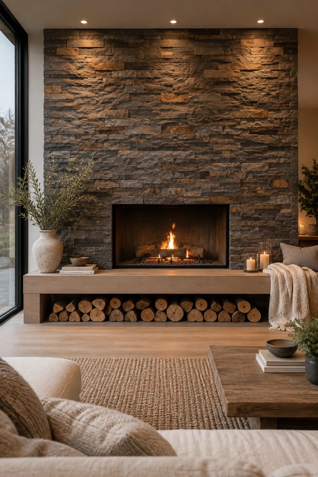 Dry-stacked slate ledger panels on a rustic living room fireplace.