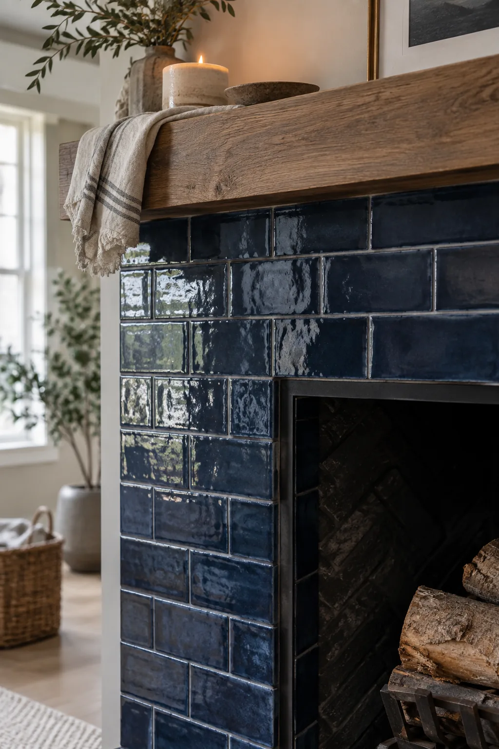 Glossy black glazed brick slip tiles on a traditional fireplace.