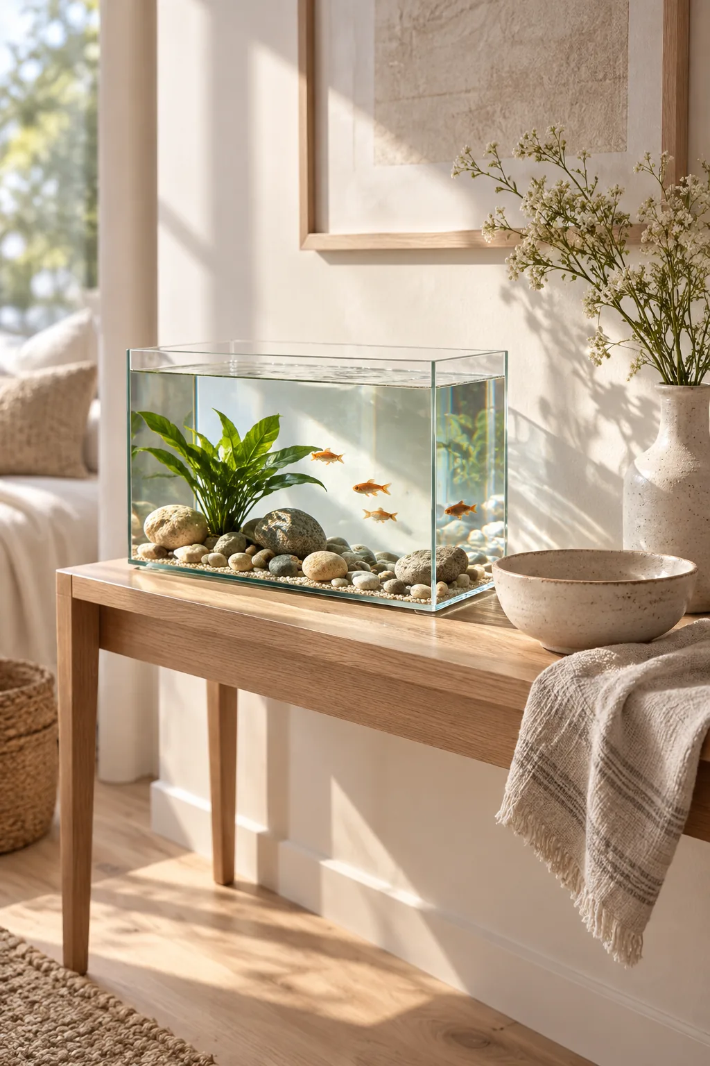 Rimless glass fish tank on a light wood console table in a modern living room
