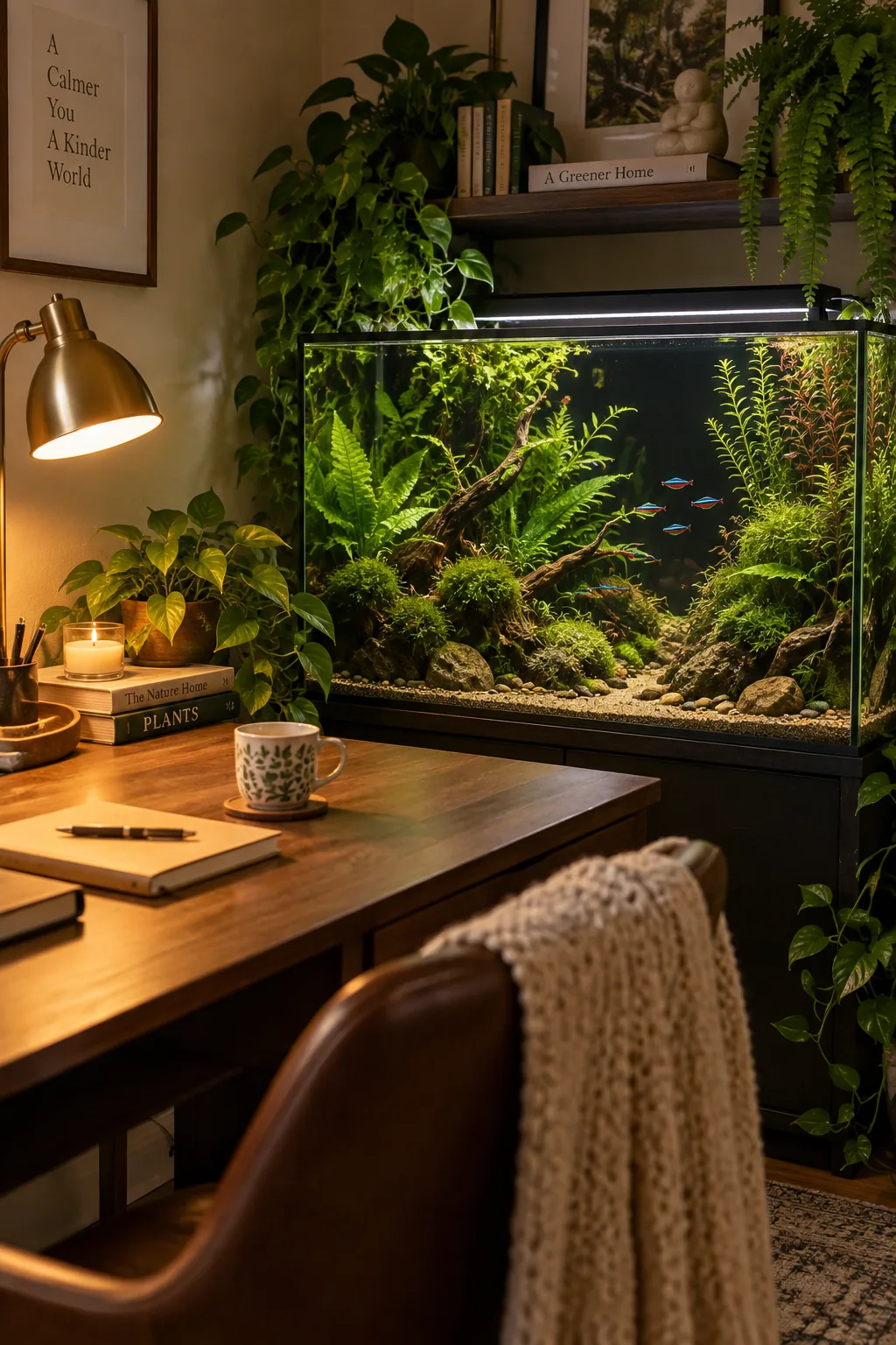 Aquarium filled with dense green aquatic plants and dark soil