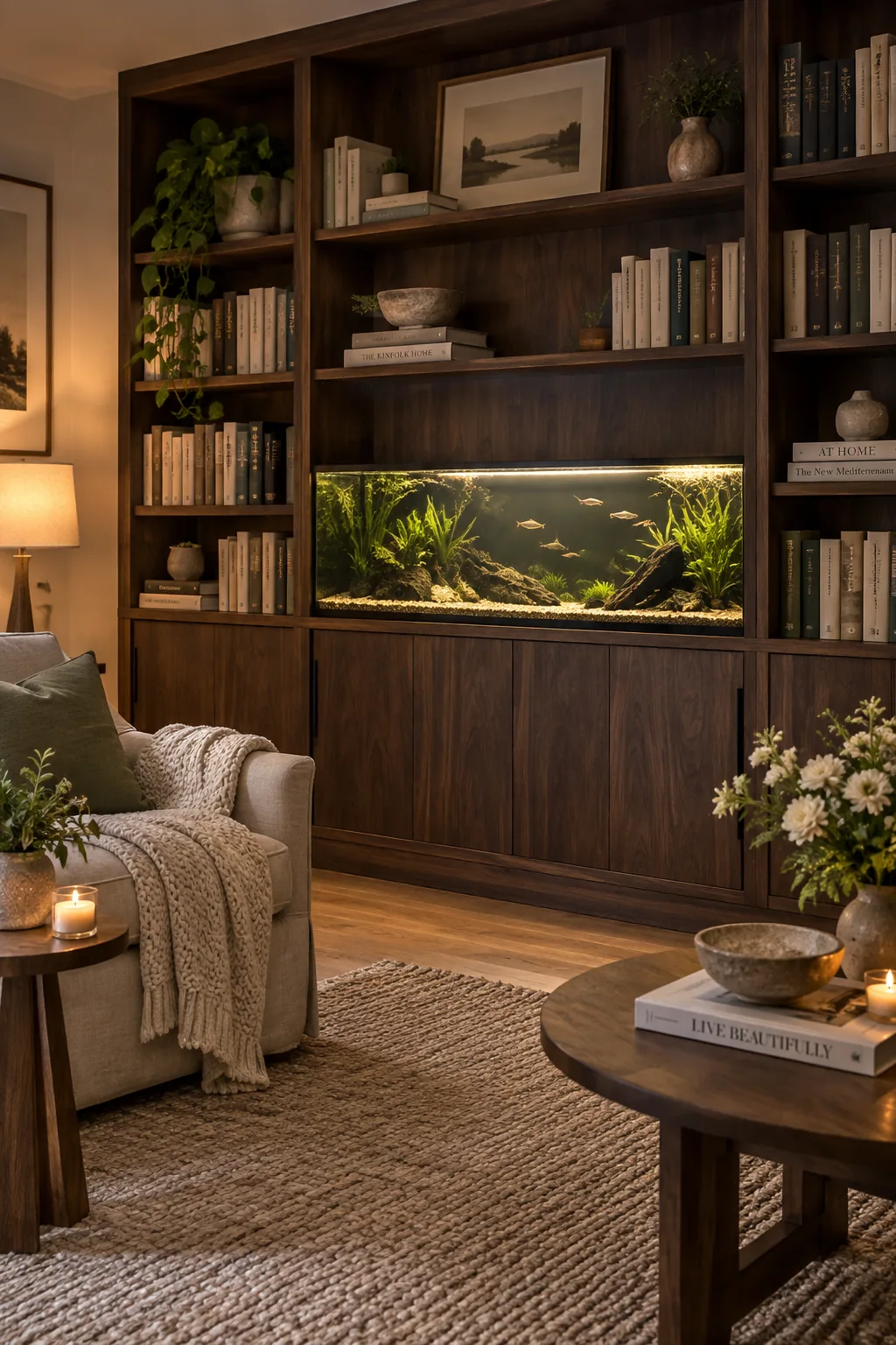 Long shallow fish tank built into a dark walnut bookshelf surrounded by books