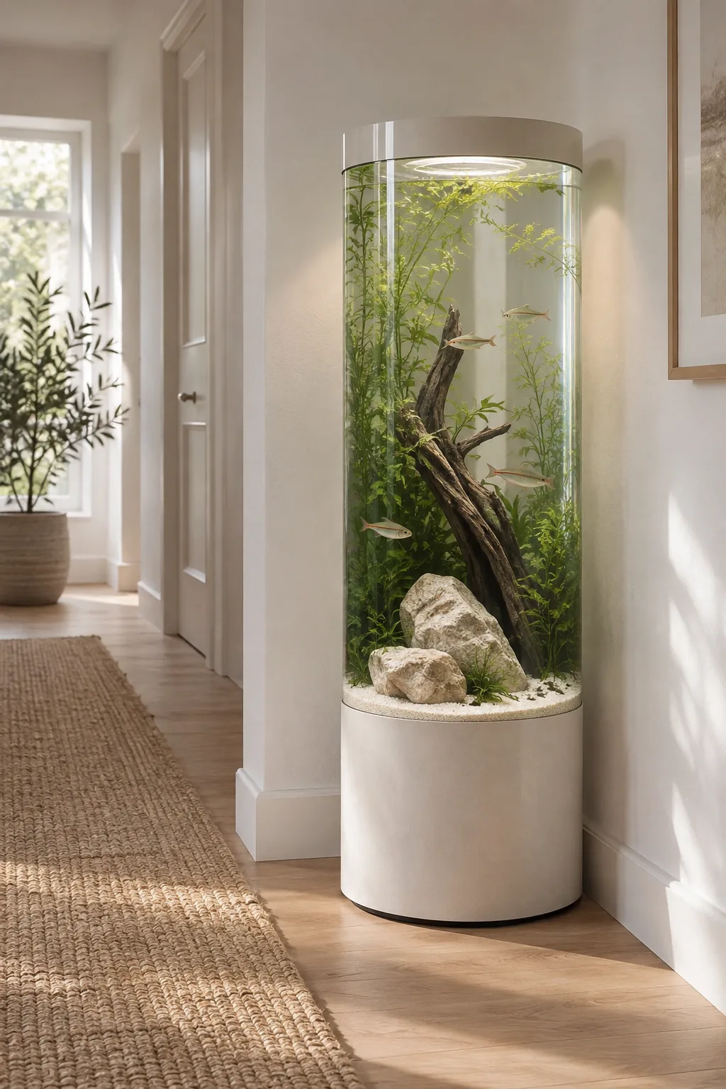 Tall cylindrical fish tank with white sand in a hallway corner