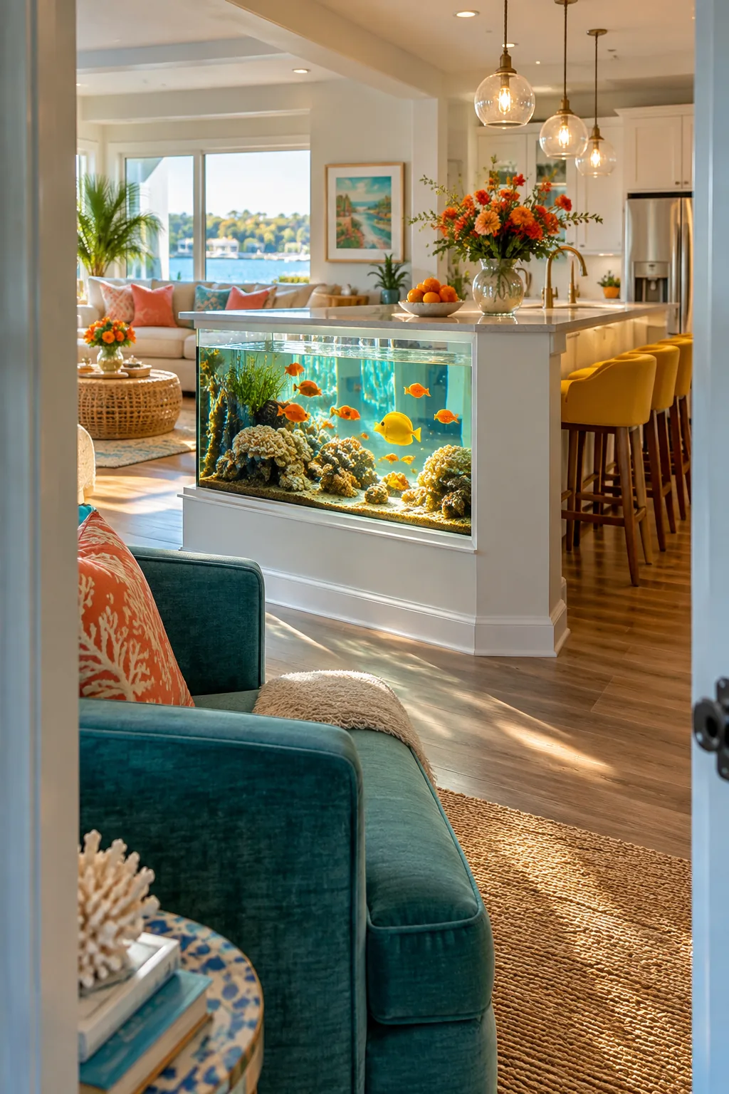 Fish tank built into a half-wall dividing a kitchen and living room