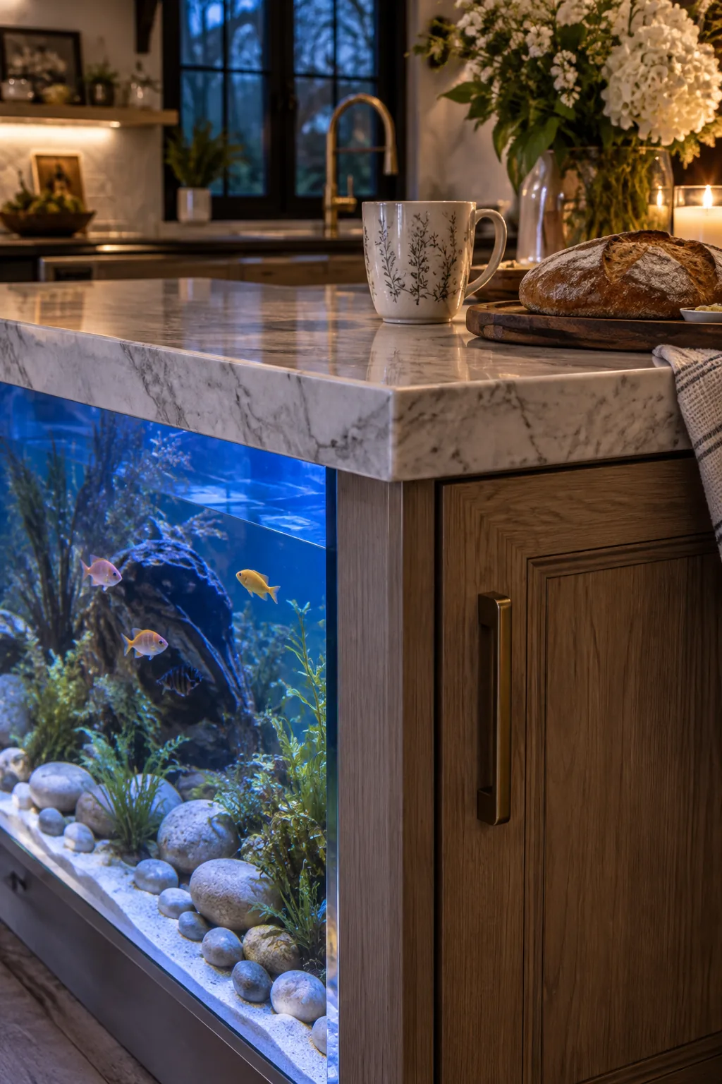 Fish tank built into the base of a modern kitchen island