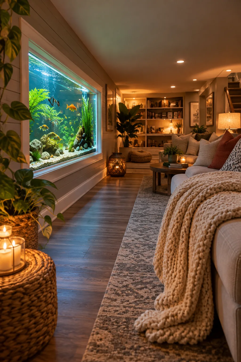 Fish tank mounted flush inside a basement wall with white trim