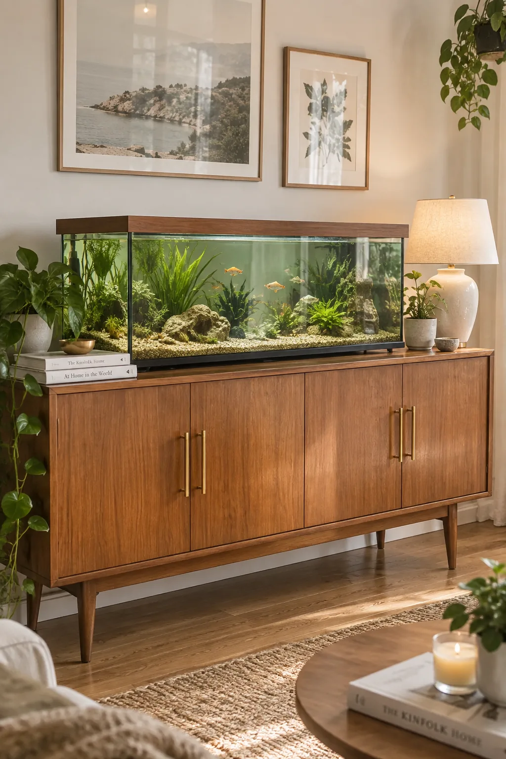 20-gallon long fish tank sitting on a mid-century modern wooden credenza
