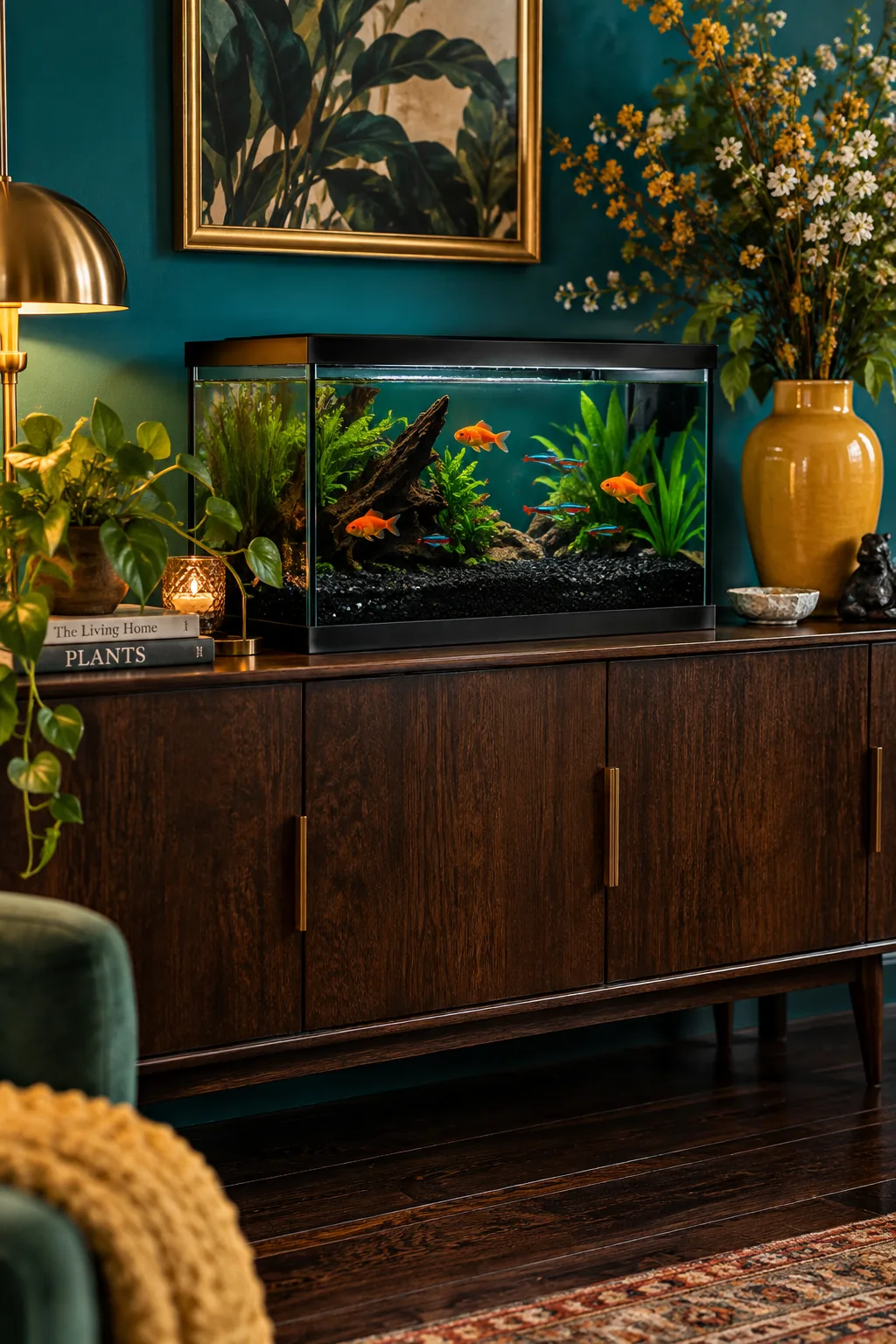 Fish tank with dark brown gravel matching the dark hardwood floor of the room