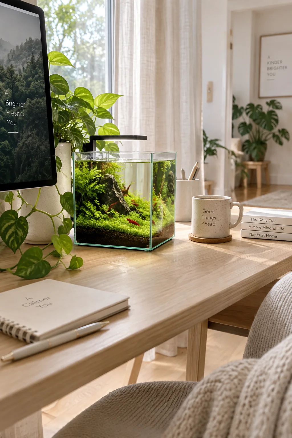 Small square 5-gallon planted fish tank on a wooden home office desk