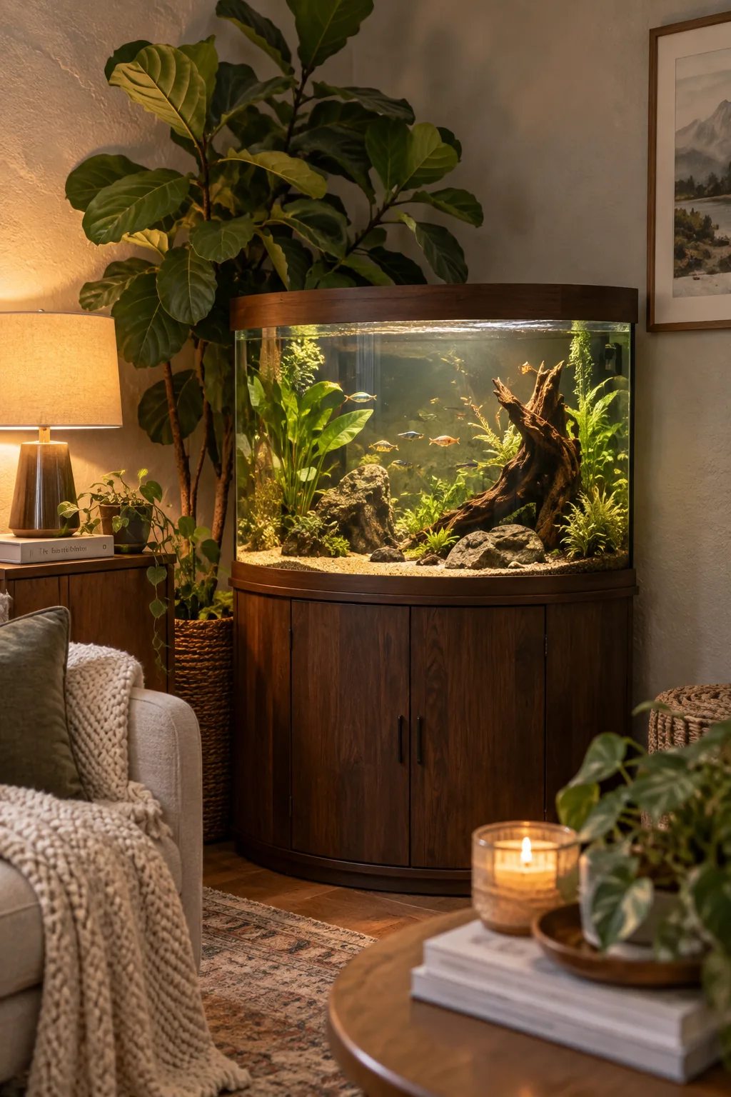 Curved bow-front fish tank tucked into a living room corner with a tall houseplant