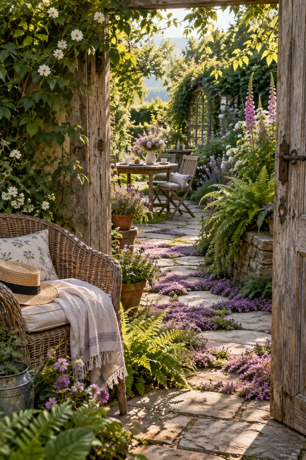Irregular flagstone patio with green creeping thyme growing thickly in the joints