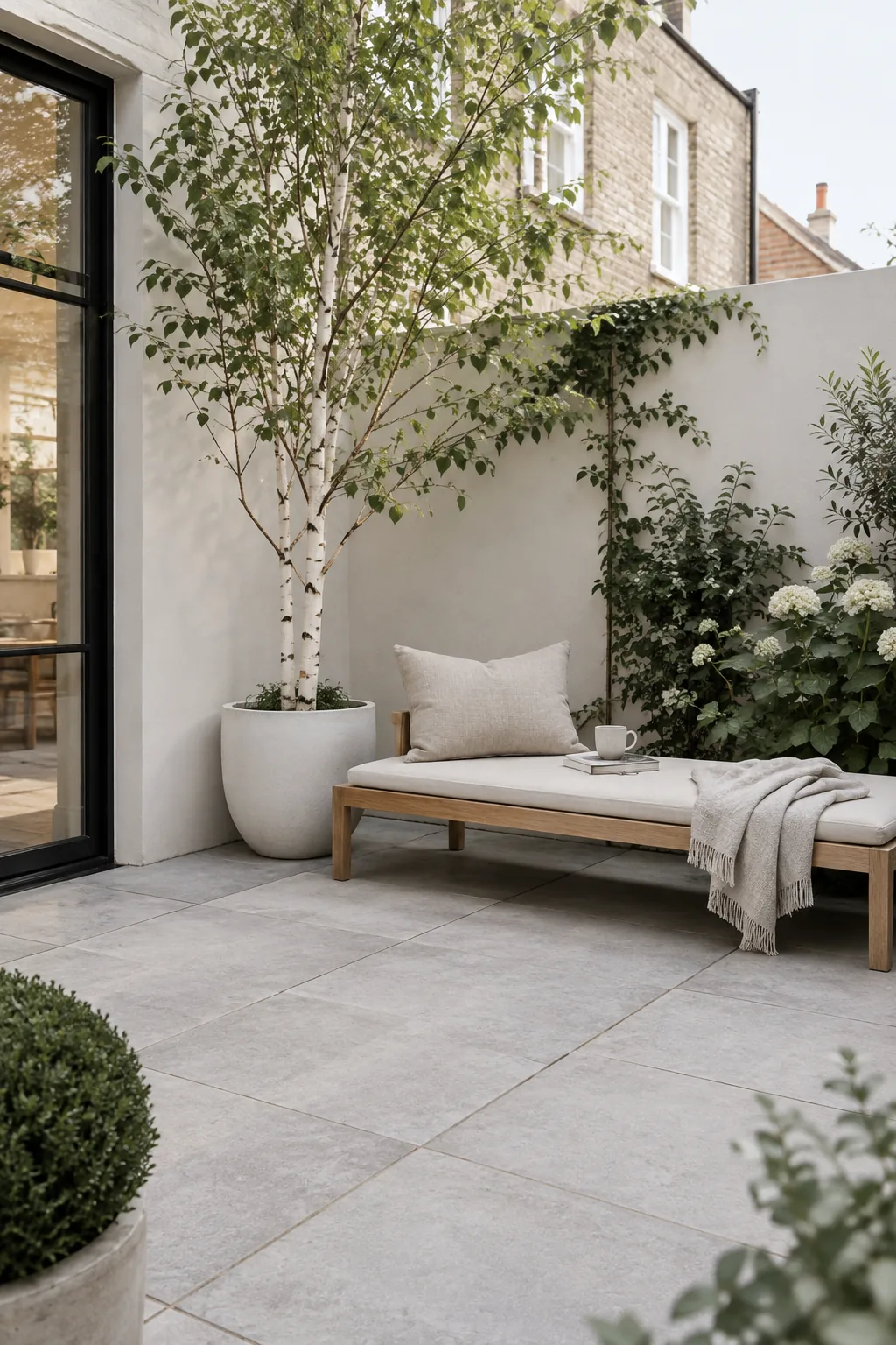 Square cut flagstone pavers laid in a perfect grid with modern metal planters nearby
