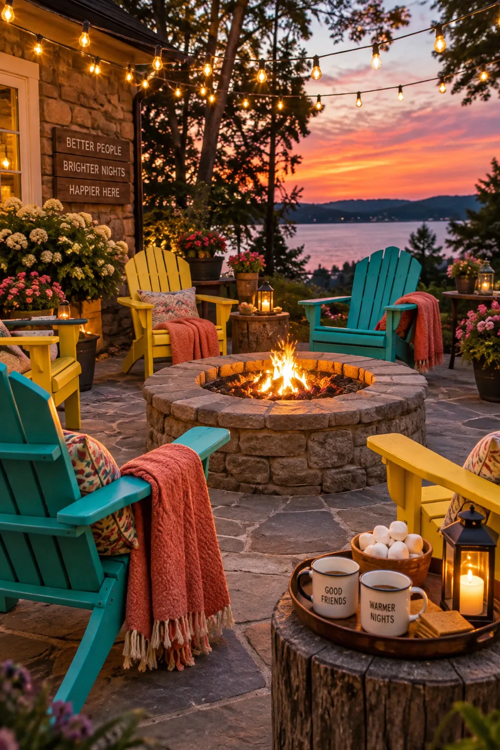 Circular flagstone patio surrounding a stone fire pit with wooden curved benches