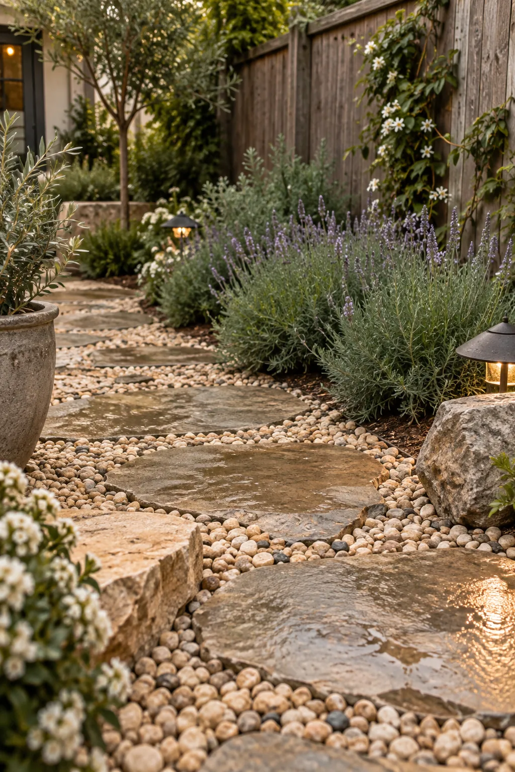 Large irregular flagstones set into a bed of small grey pea gravel