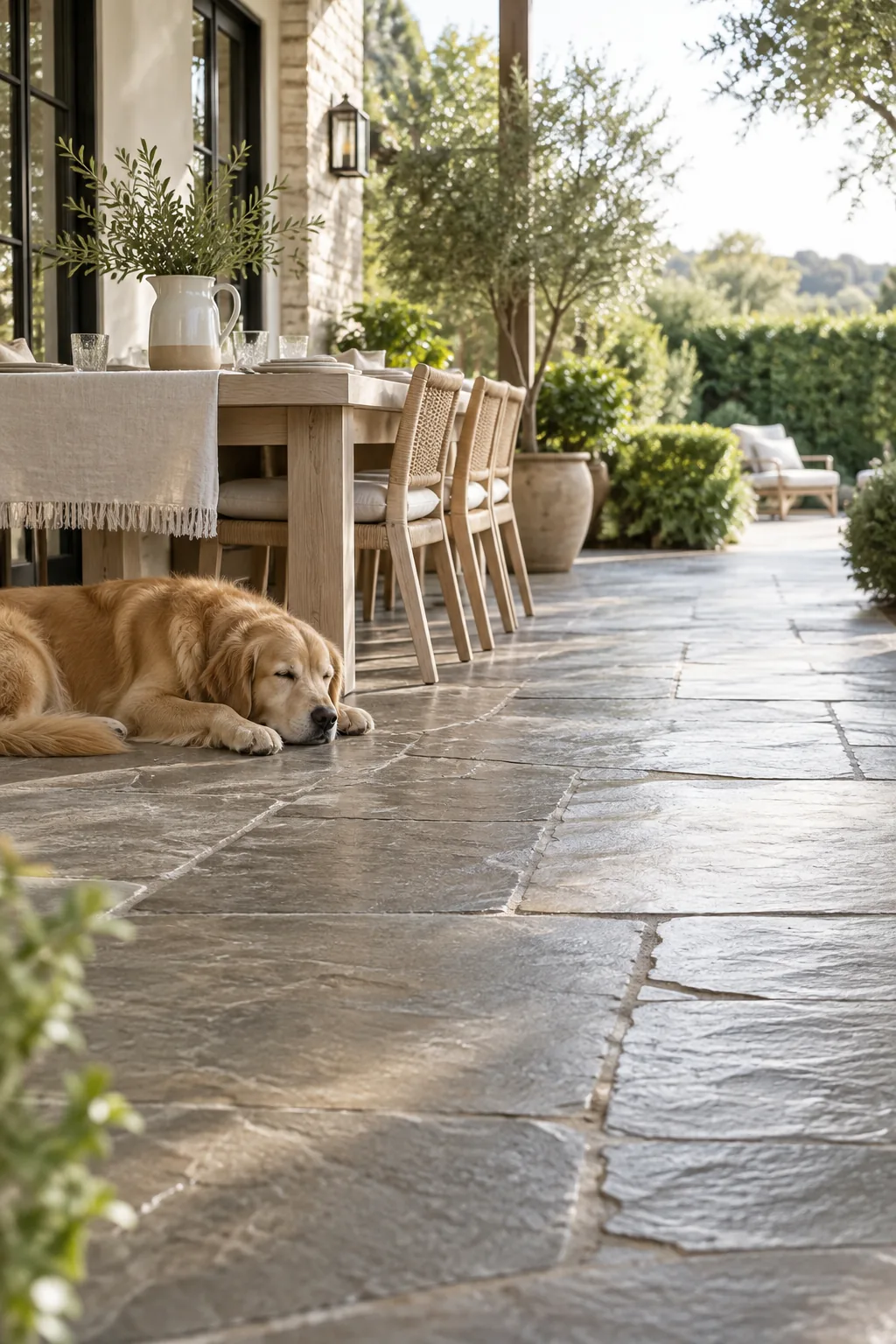 Water beading up on a newly sealed natural flagstone patio surface