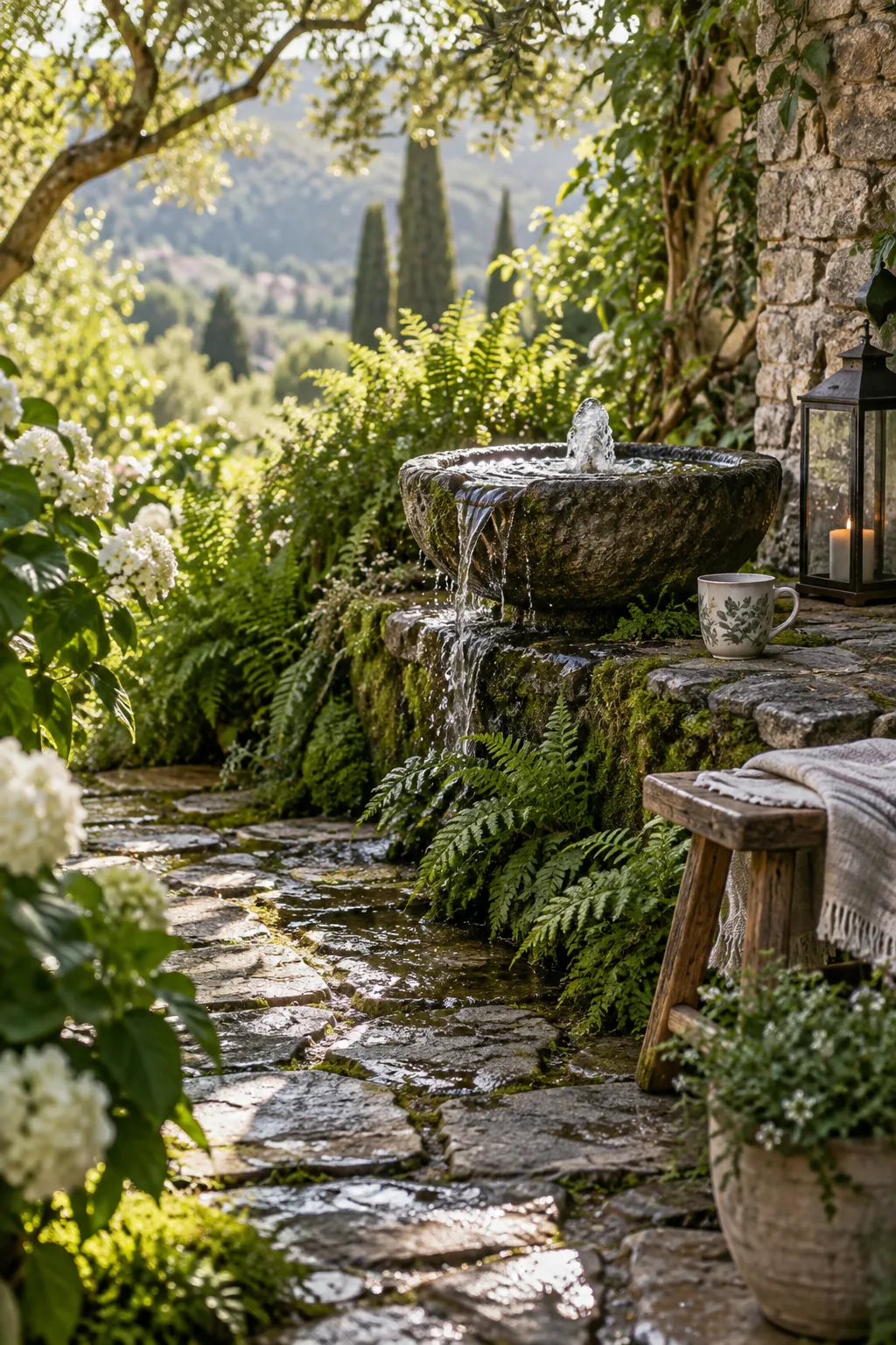 Flagstone patio leading to a small bubbling rock fountain surrounded by ferns