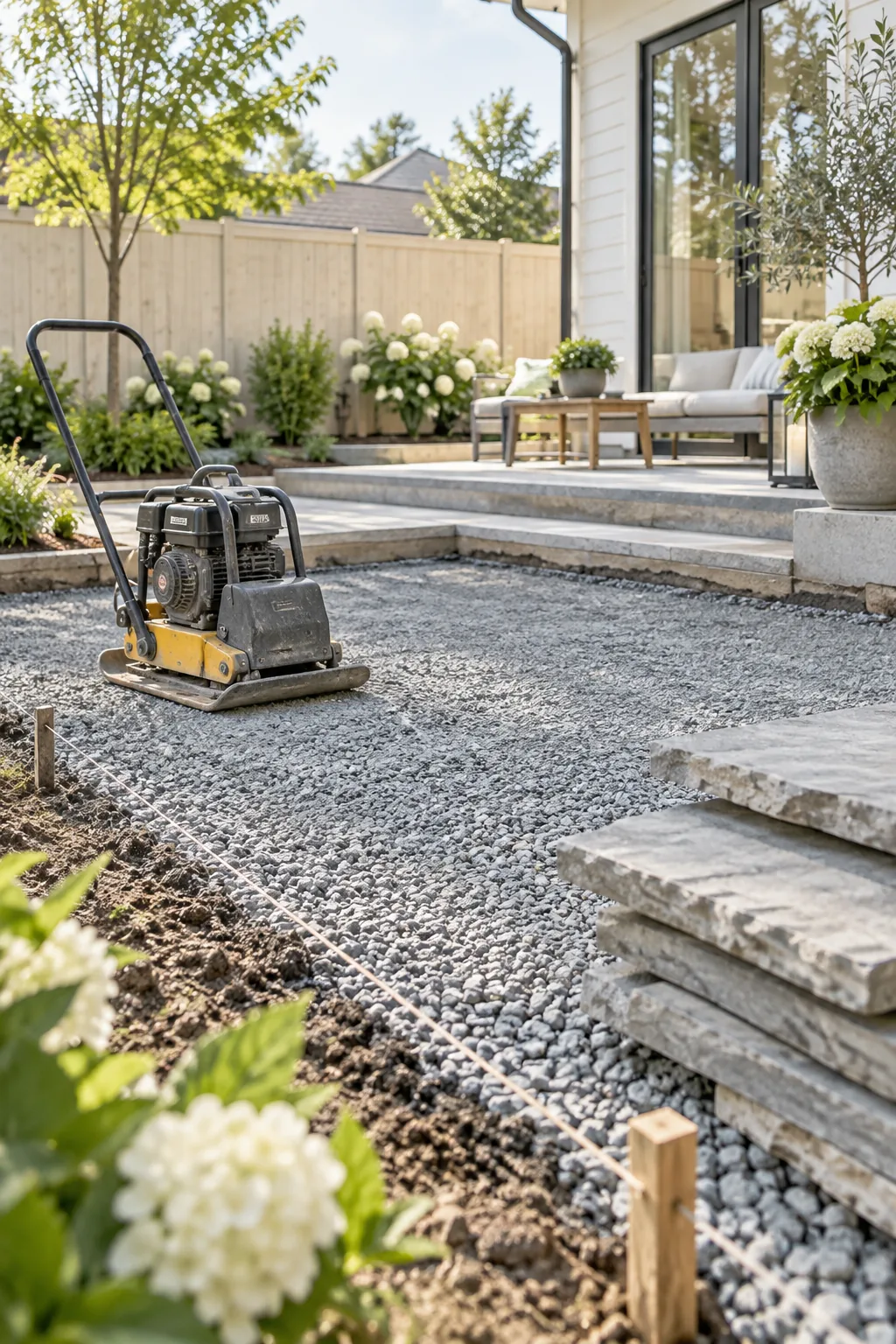 DIYer using a plate compactor on a crushed stone base before laying flagstone