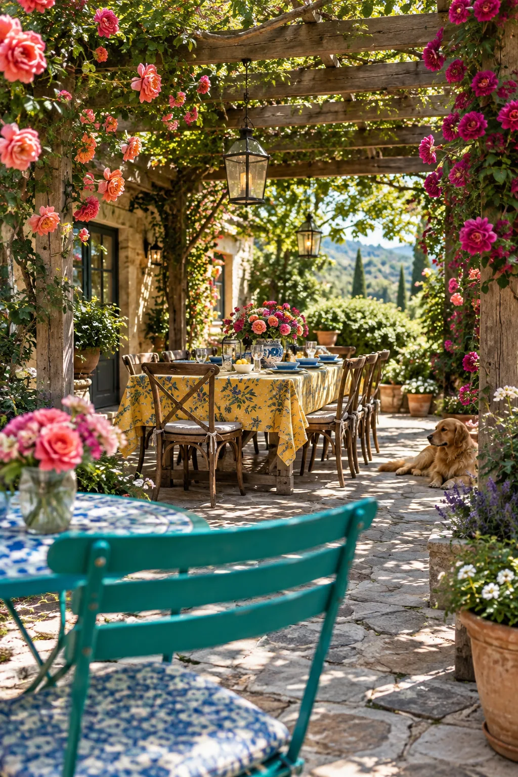 Wooden pergola built over a flagstone patio with climbing roses on the posts