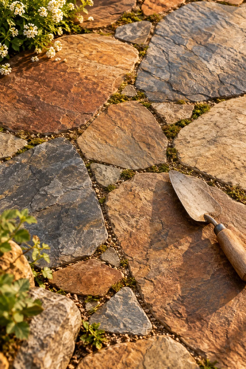 Overhead view of a patio showing a mix of large, medium, and small flagstones