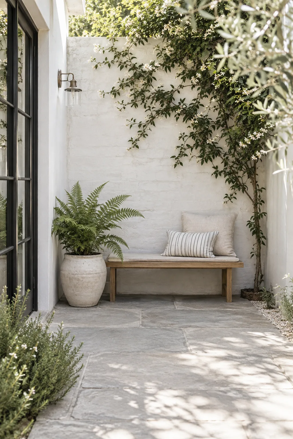 Narrow side yard transformed into a seating area using oversized flagstone pieces
