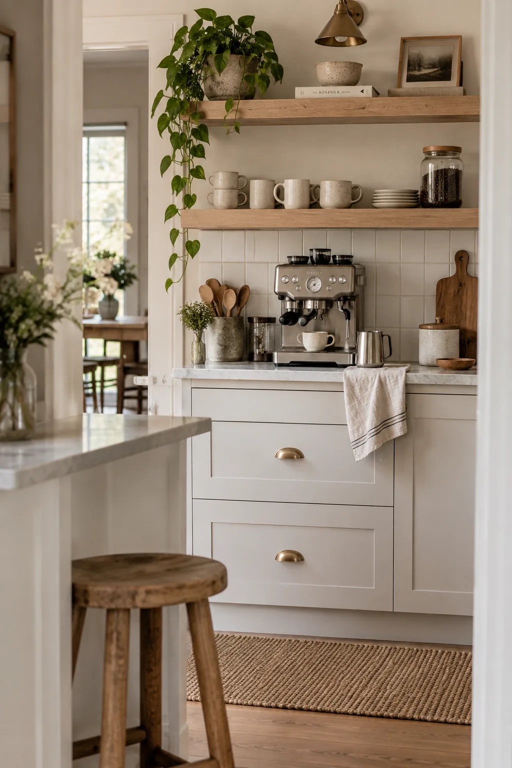 Chunky wood floating shelves above a coffee machine filled with mugs and coffee beans