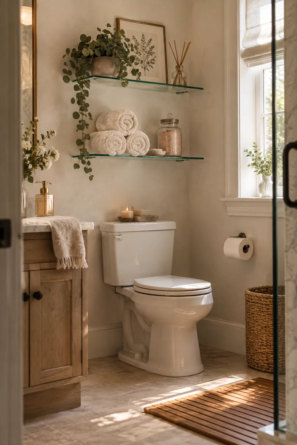 Glass floating shelves above a toilet holding rolled towels and bath salts