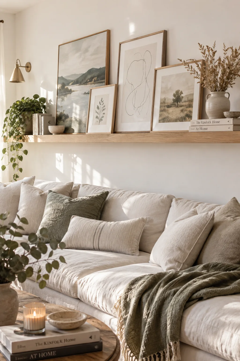 A long picture ledge floating shelf displaying layered art frames and a trailing plant