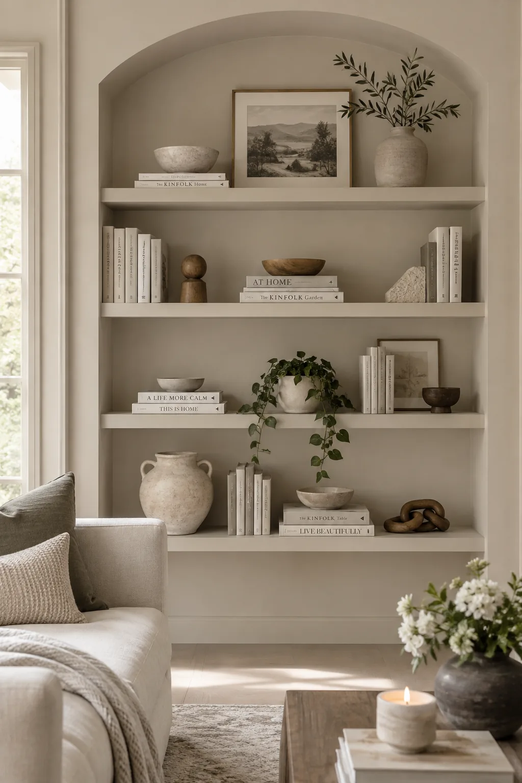 Floating shelves painted the same color as the surrounding alcove walls styled with books