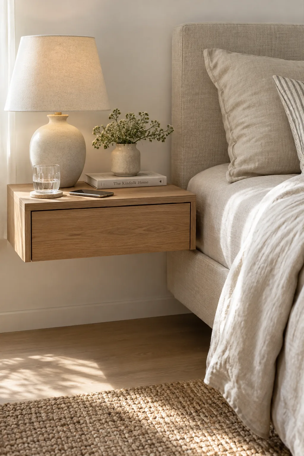 A floating drawer mounted to the wall next to a bed serving as a nightstand