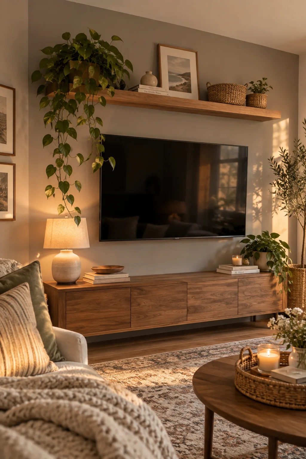 An asymmetrical floating shelf mounted above a flat screen TV with plants and baskets