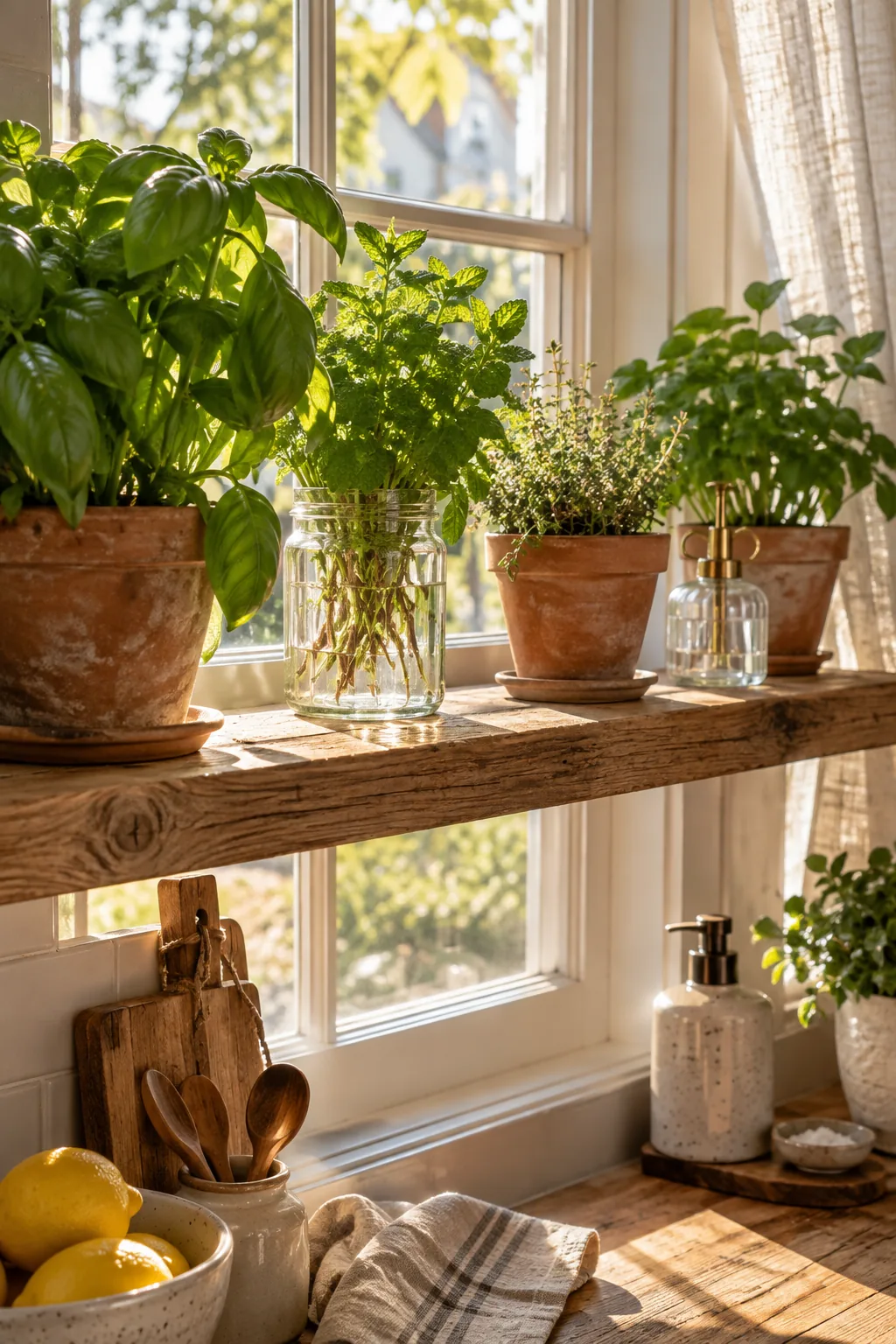 A wooden floating shelf installed across a kitchen window holding small potted herbs