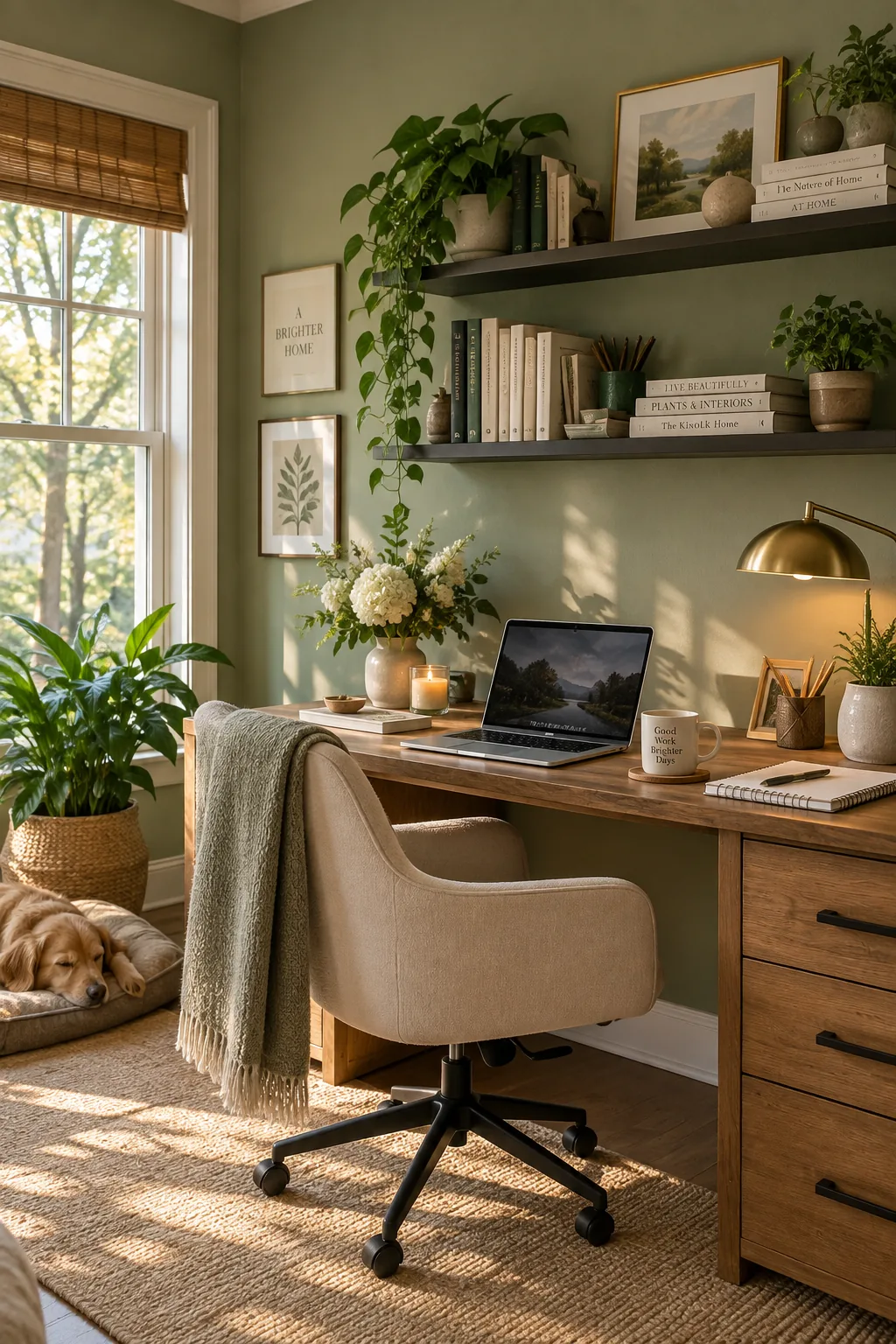 Two slim metal floating shelves mounted above a home office desk holding books