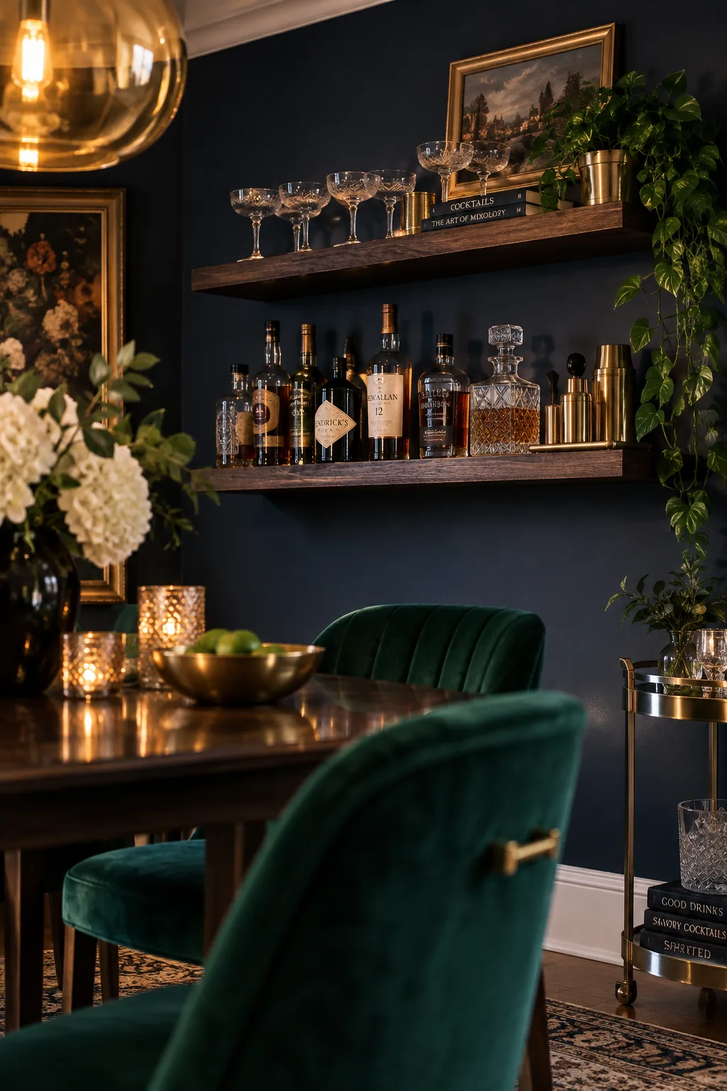Dark walnut floating shelves holding crystal decanters and glassware against a dark wall