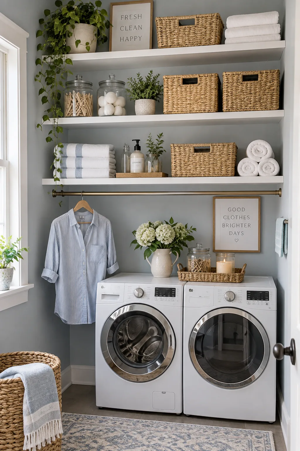 Deep white floating shelves over a washer and dryer holding baskets and glass jars
