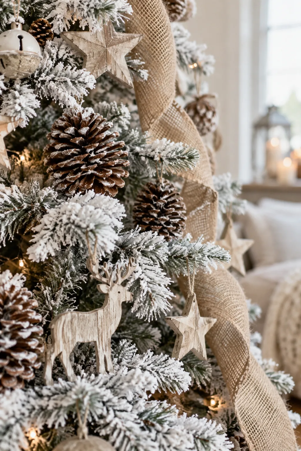 Flocked Christmas tree decorated with pinecones, wooden ornaments, and burlap ribbon