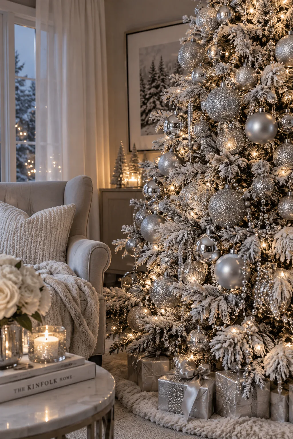 Flocked tree with mixed matte and glitter silver ornaments