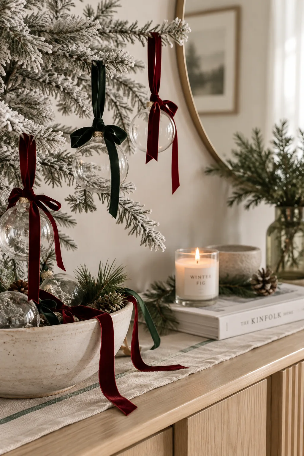 Glass ornaments tied to a flocked Christmas tree with thin velvet ribbons