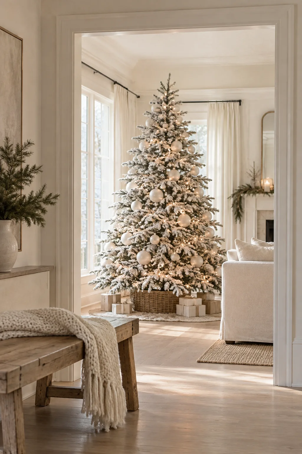 Minimalist flocked Christmas tree with oversized frosted glass globes