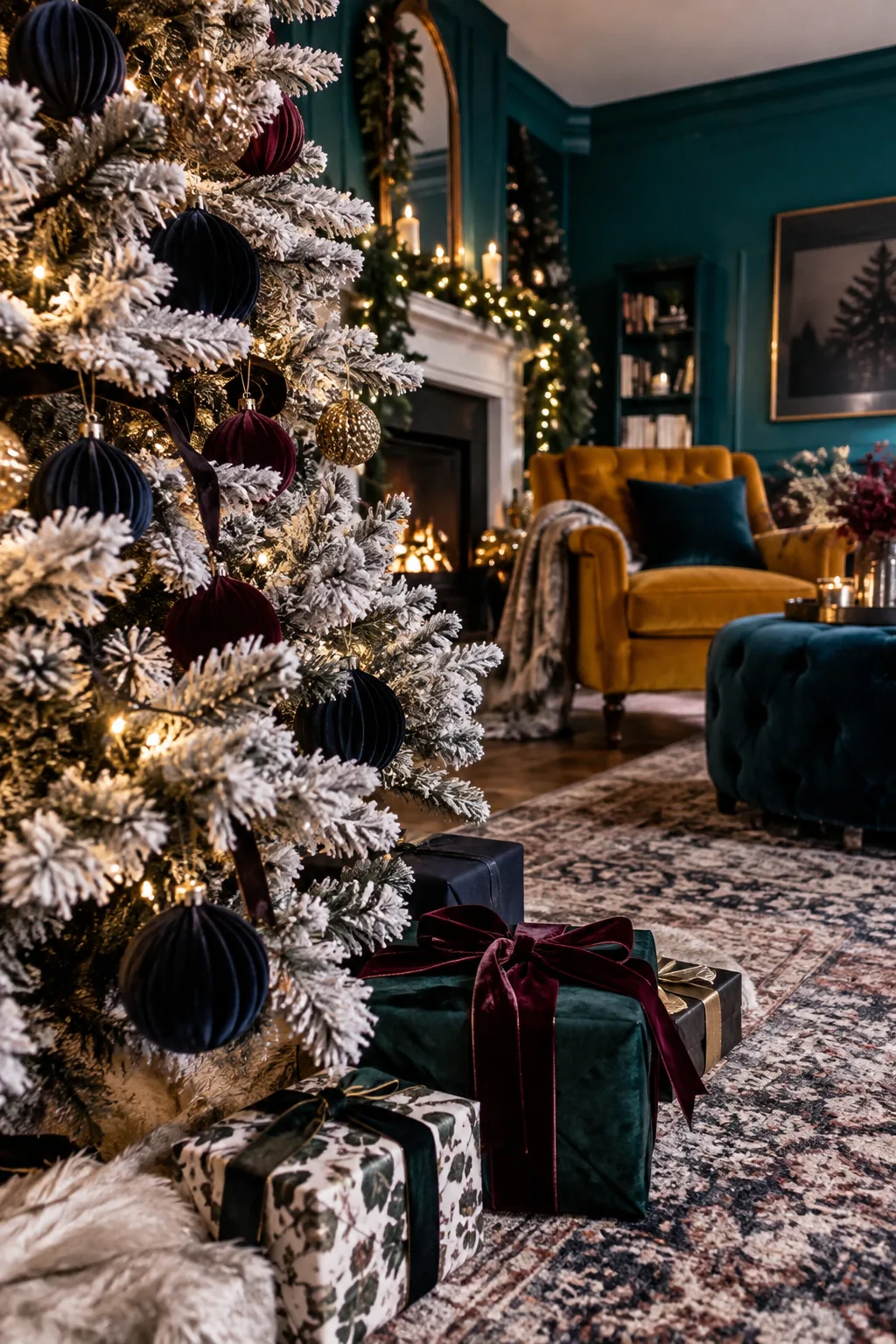 Flocked tree with dark burgundy velvet ornaments pushed deep into the branches