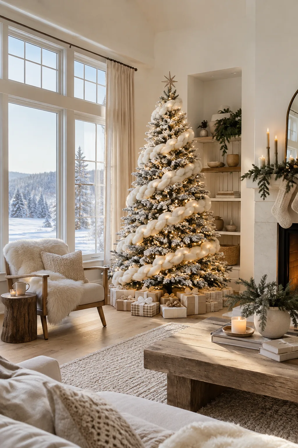 Chunky wool yarn wrapped around a snowy Christmas tree