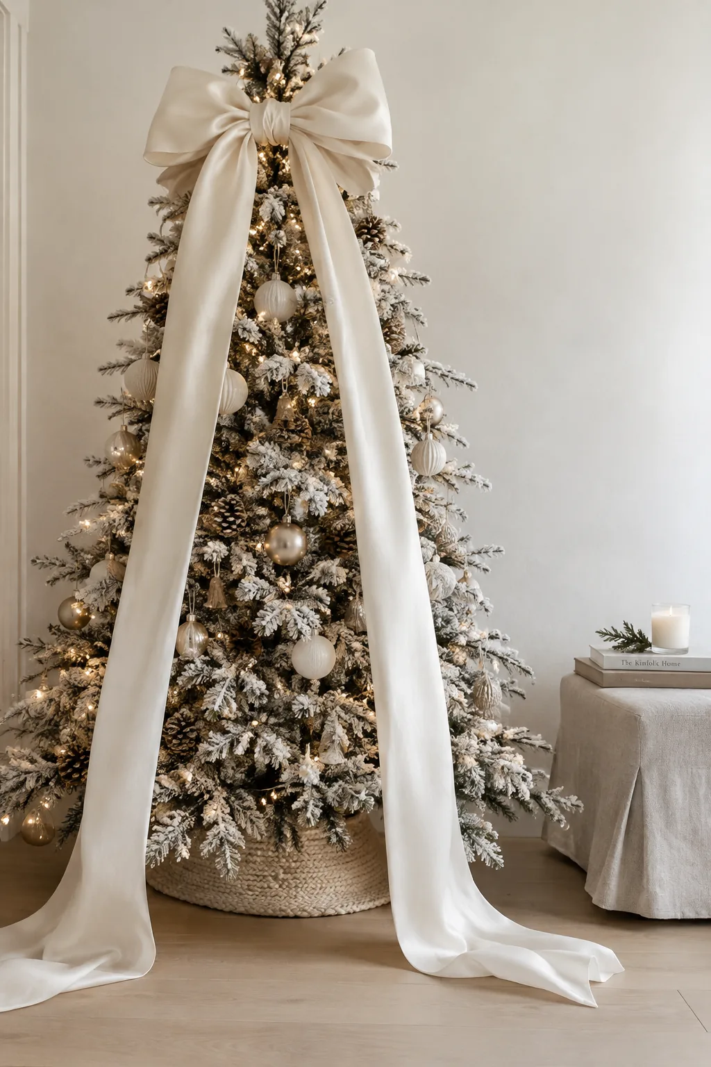 Flocked Christmas tree topped with a large satin bow with long trailing tails