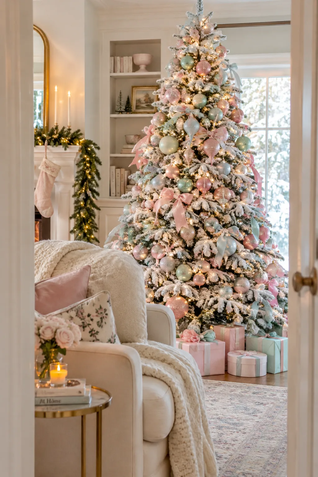 Flocked tree decorated with pastel pink, mint, and blue ornaments