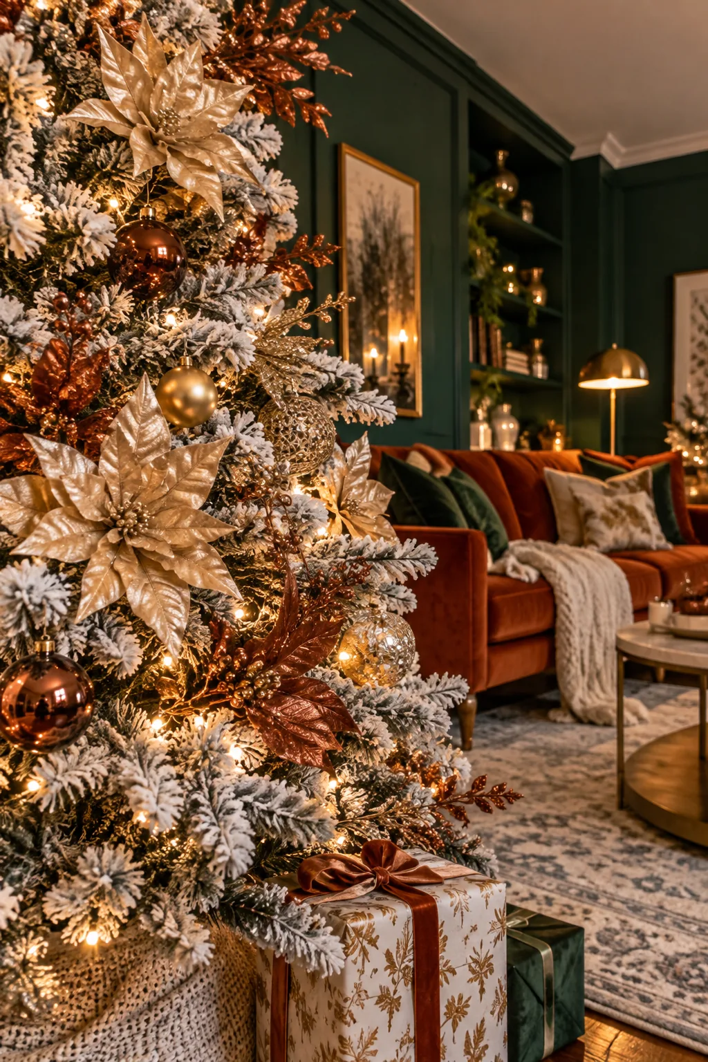 Flocked tree with copper floral picks and champagne poinsettias